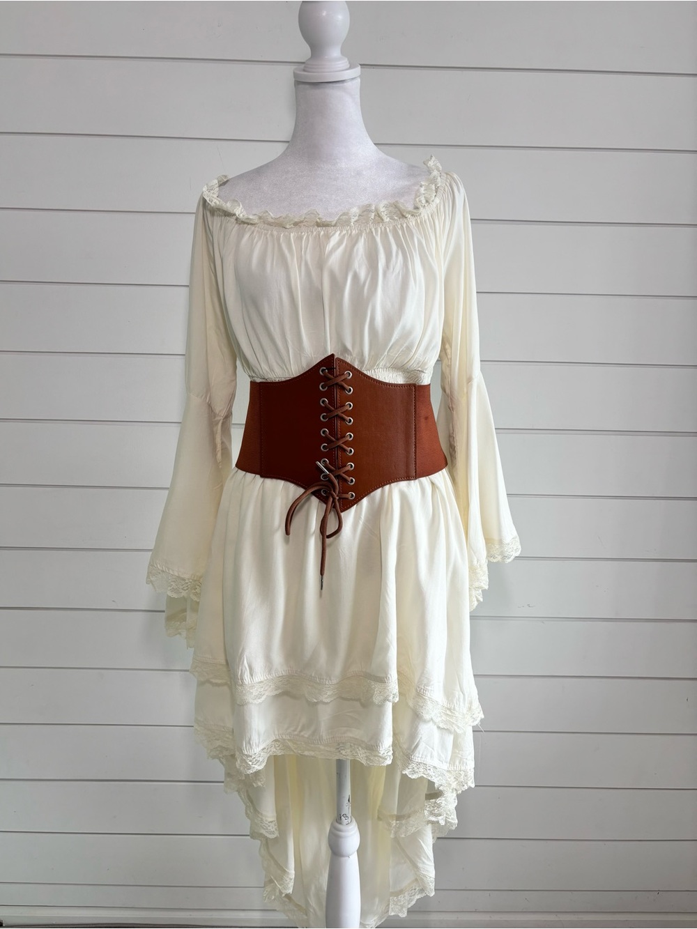 Kancy Kole Romantic Cream High-Low Off-Shoulder Dress Brown Lace-Up Waist Cors